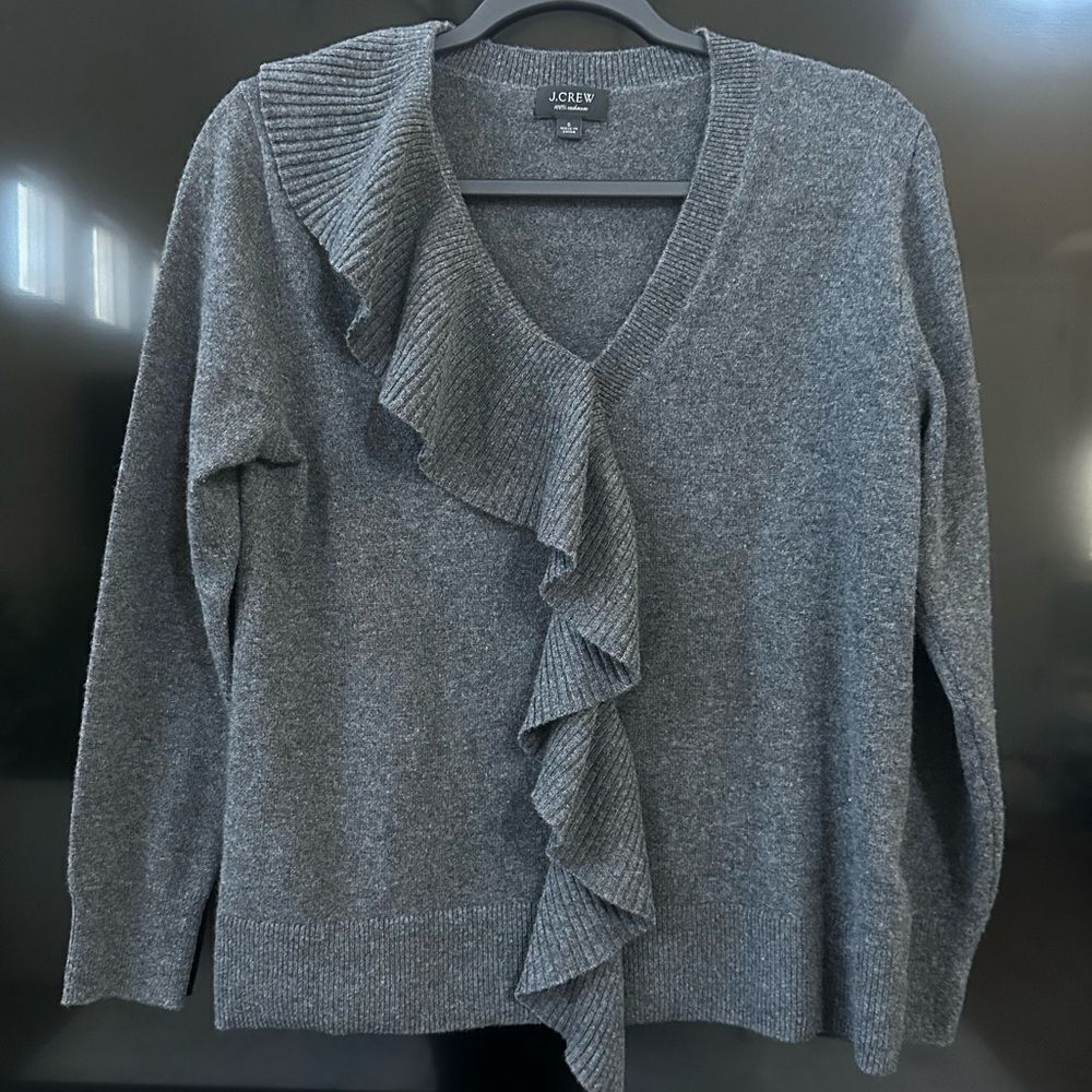 J. Crew Womens Small Gray Cashmere Ruffle Asymmetrical Sweater Jumper
